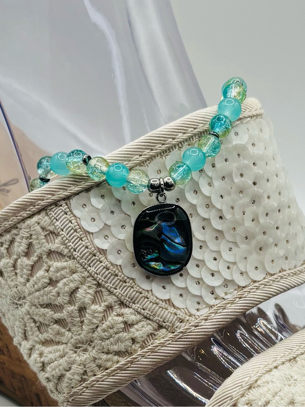 *ANKLET* S. Steel Abalone & Teal Yellow Crystal Stretchy Anklet - Picture 5 of 7
